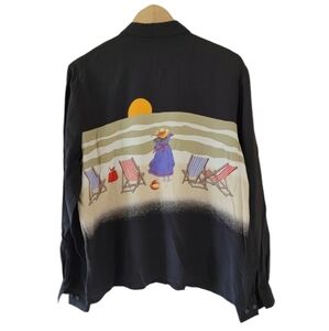 VTG DONCASTER Black Beach Lady Theme Button-Up Shirt Sz 14 Fairy Goth Artsy